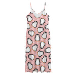 Pink Polka Dot Penguin Pattern Print Jersey Midi Cami Dress