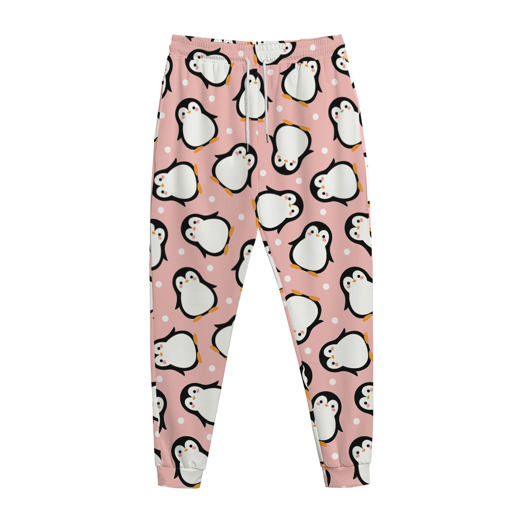 Pink Polka Dot Penguin Pattern Print Jogger Pants