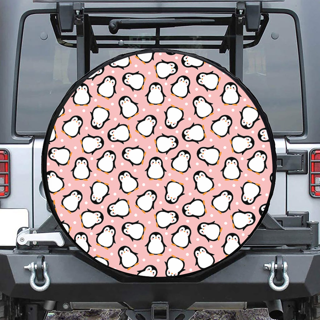 Pink Polka Dot Penguin Pattern Print Leather Spare Tire Cover