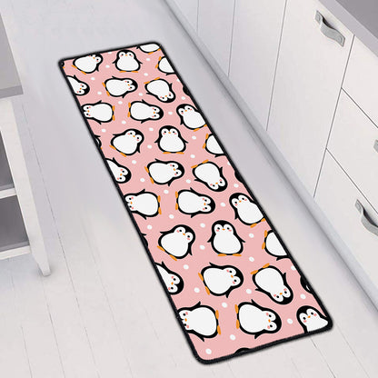 Pink Polka Dot Penguin Pattern Print Long Kitchen Mat