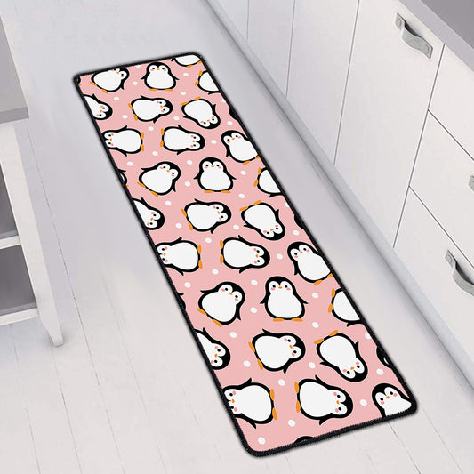 Pink Polka Dot Penguin Pattern Print Long Kitchen Mat