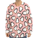 Pink Polka Dot Penguin Pattern Print Long Sleeve Baseball Jersey