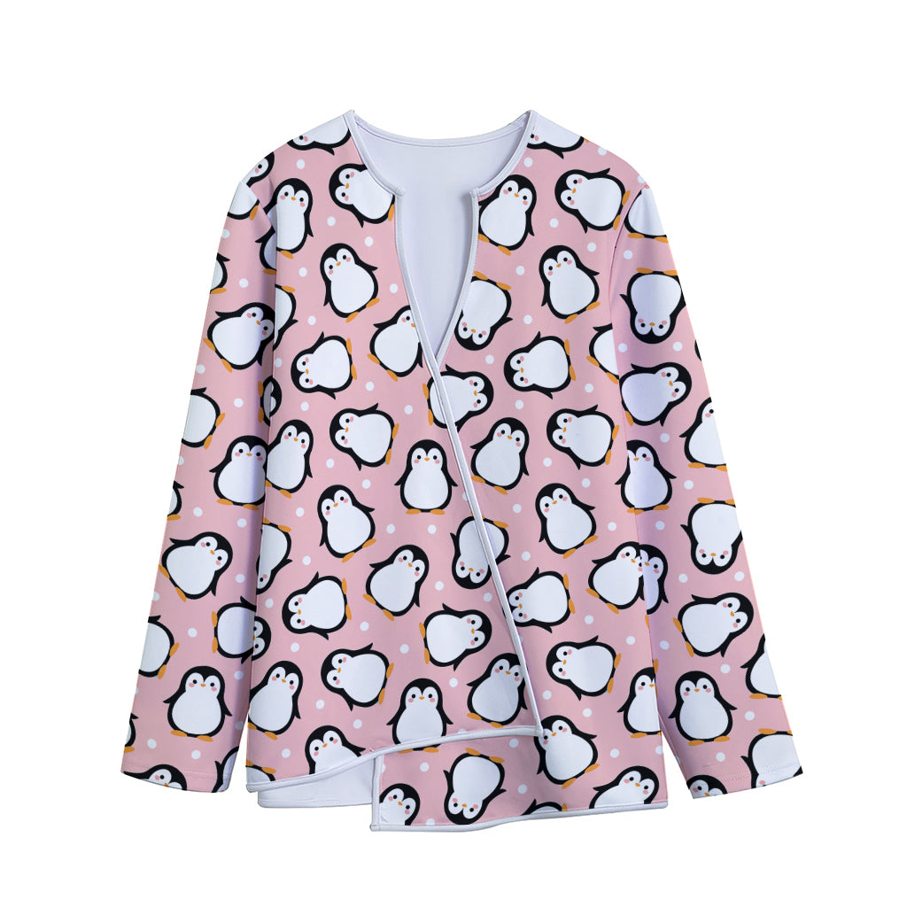 Pink Polka Dot Penguin Pattern Print Long Sleeve Short Coat
