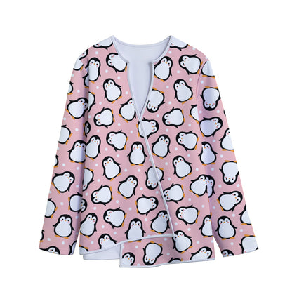 Pink Polka Dot Penguin Pattern Print Long Sleeve Short Coat