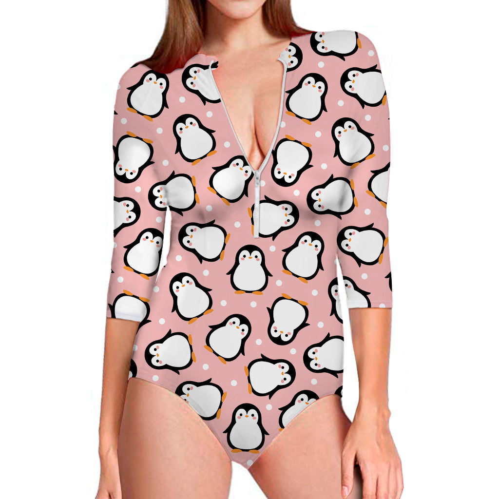 Pink Polka Dot Penguin Pattern Print Long Sleeve Swimsuit