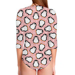 Pink Polka Dot Penguin Pattern Print Long Sleeve Swimsuit