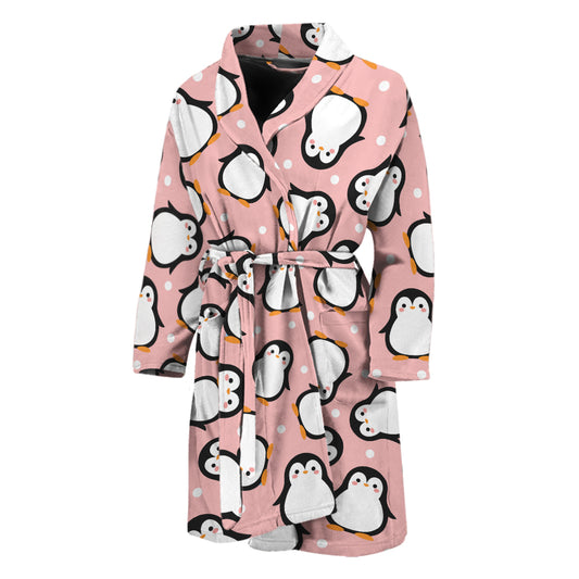 Pink Polka Dot Penguin Pattern Print Men's Bathrobe