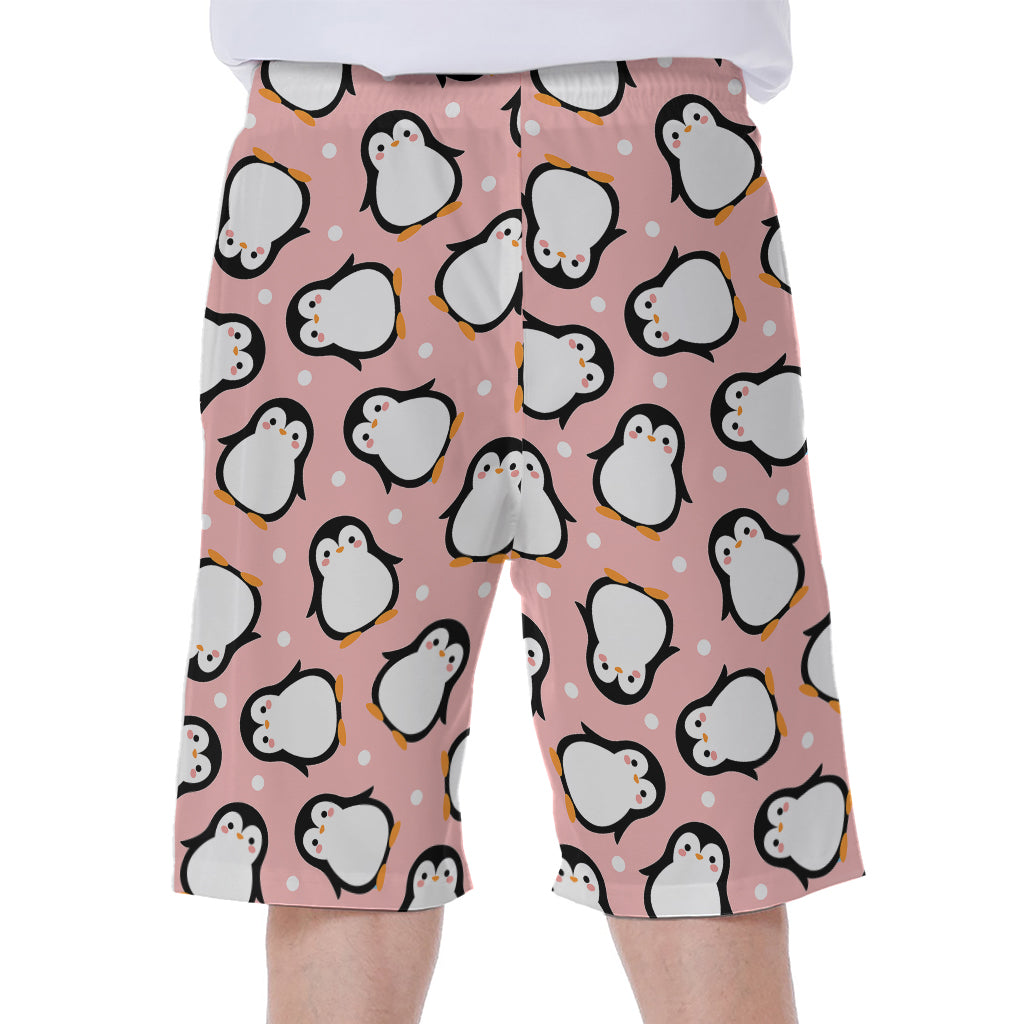 Pink Polka Dot Penguin Pattern Print Men's Beach Shorts