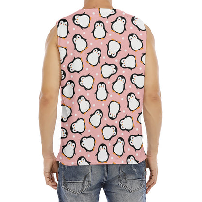 Pink Polka Dot Penguin Pattern Print Men's Fitness Tank Top