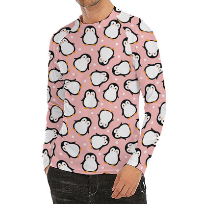 Pink Polka Dot Penguin Pattern Print Men's Long Sleeve Rash Guard