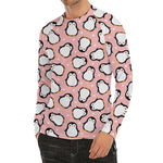 Pink Polka Dot Penguin Pattern Print Men's Long Sleeve Rash Guard