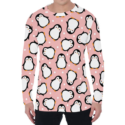 Pink Polka Dot Penguin Pattern Print Men's Long Sleeve T-Shirt