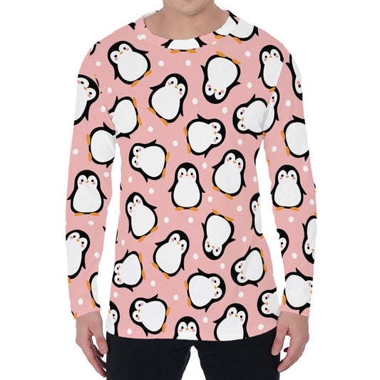 Pink Polka Dot Penguin Pattern Print Men's Long Sleeve T-Shirt