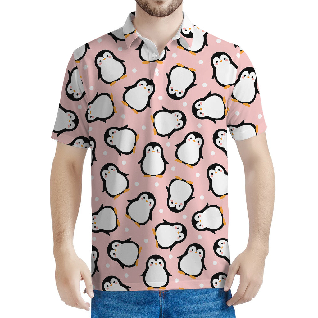 Pink Polka Dot Penguin Pattern Print Men's Polo Shirt