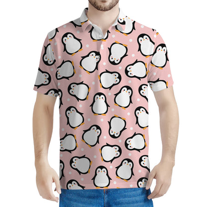 Pink Polka Dot Penguin Pattern Print Men's Polo Shirt