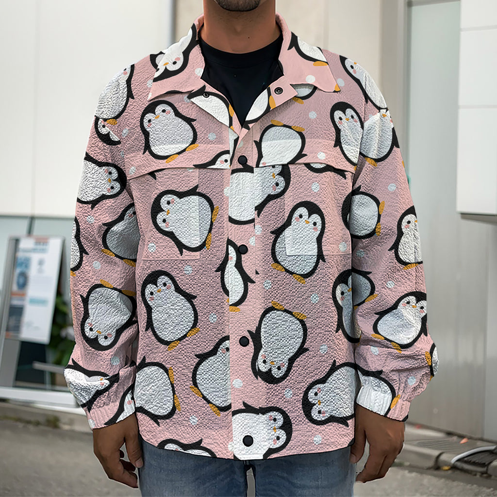 Pink Polka Dot Penguin Pattern Print Men's Shirt Jacket