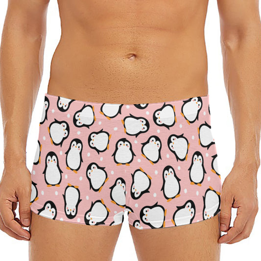 Pink Polka Dot Penguin Pattern Print Men's Short Boxer Briefs