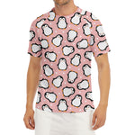 Pink Polka Dot Penguin Pattern Print Men's Short Sleeve Rash Guard