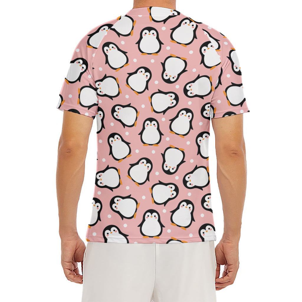 Pink Polka Dot Penguin Pattern Print Men's Short Sleeve Rash Guard