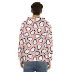 Pink Polka Dot Penguin Pattern Print Men's Velvet Pullover Hoodie