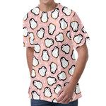 Pink Polka Dot Penguin Pattern Print Men's Velvet T-Shirt