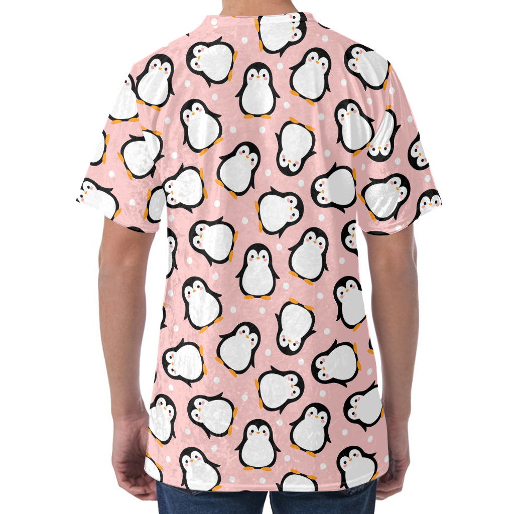 Pink Polka Dot Penguin Pattern Print Men's Velvet T-Shirt