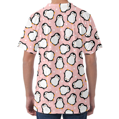 Pink Polka Dot Penguin Pattern Print Men's Velvet T-Shirt
