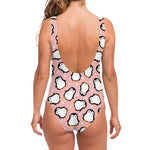 Pink Polka Dot Penguin Pattern Print One Piece Swimsuit