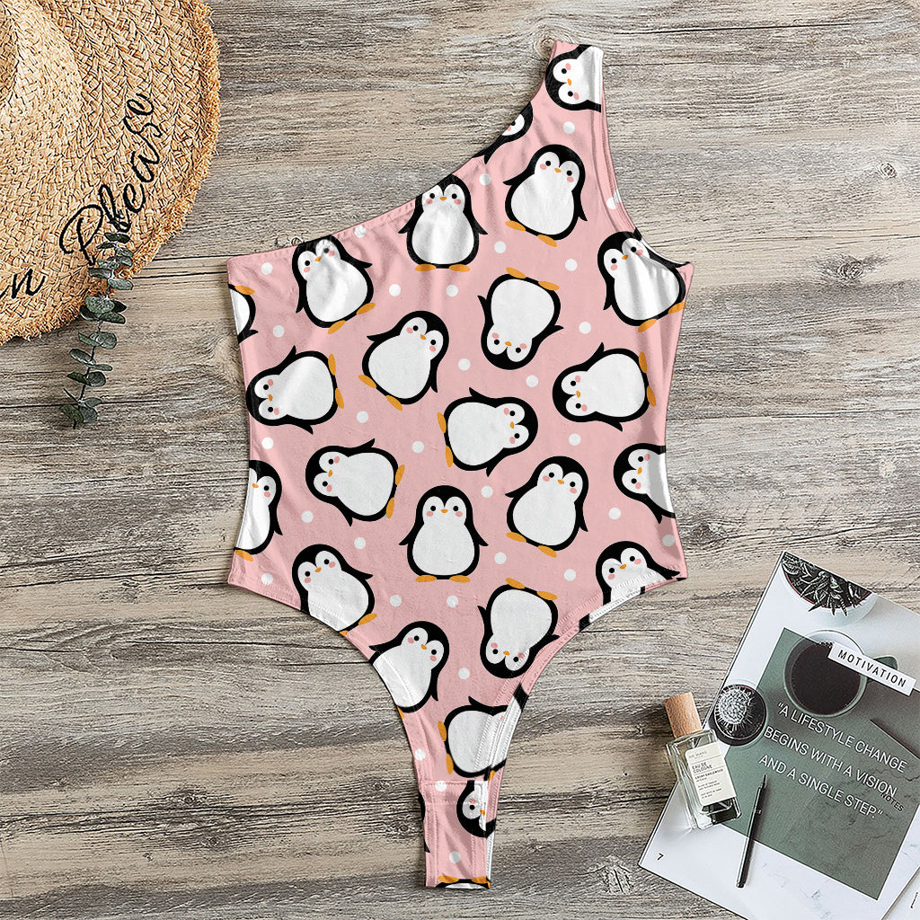 Pink Polka Dot Penguin Pattern Print One Shoulder Bodysuit