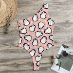 Pink Polka Dot Penguin Pattern Print One Shoulder Bodysuit