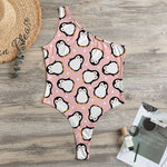 Pink Polka Dot Penguin Pattern Print One Shoulder Bodysuit