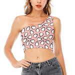 Pink Polka Dot Penguin Pattern Print One Shoulder Crop Top