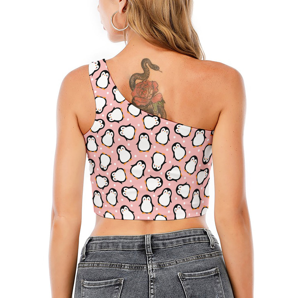 Pink Polka Dot Penguin Pattern Print One Shoulder Crop Top