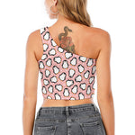 Pink Polka Dot Penguin Pattern Print One Shoulder Crop Top