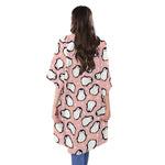 Pink Polka Dot Penguin Pattern Print Open Front Beach Cover Up