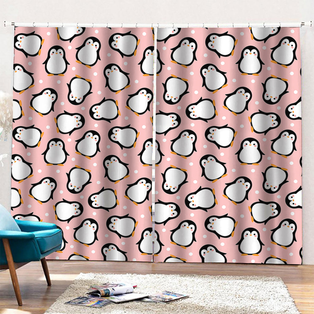 Pink Polka Dot Penguin Pattern Print Pencil Pleat Curtains