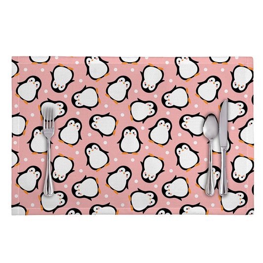 Pink Polka Dot Penguin Pattern Print Placemat