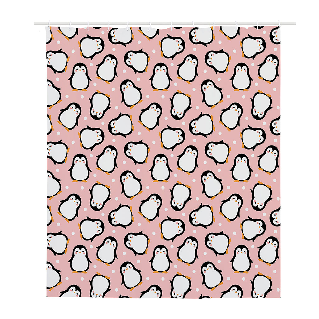 Pink Polka Dot Penguin Pattern Print Polyester Shower Curtain