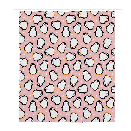 Pink Polka Dot Penguin Pattern Print Polyester Shower Curtain