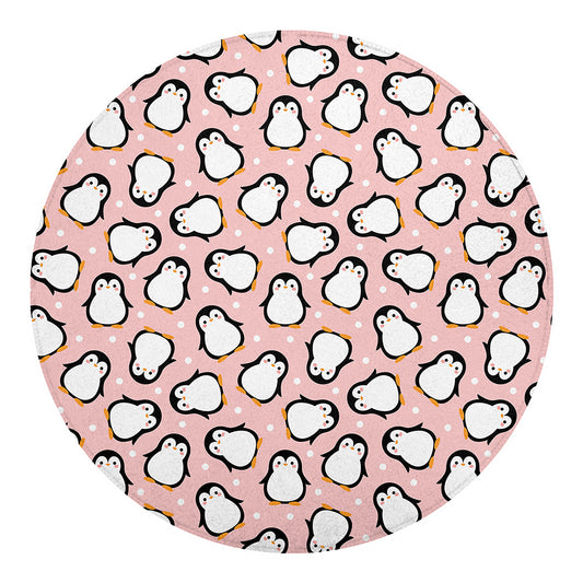 Pink Polka Dot Penguin Pattern Print Round Blanket
