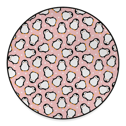 Pink Polka Dot Penguin Pattern Print Round Floor Mat