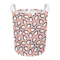 Pink Polka Dot Penguin Pattern Print Round Laundry Basket