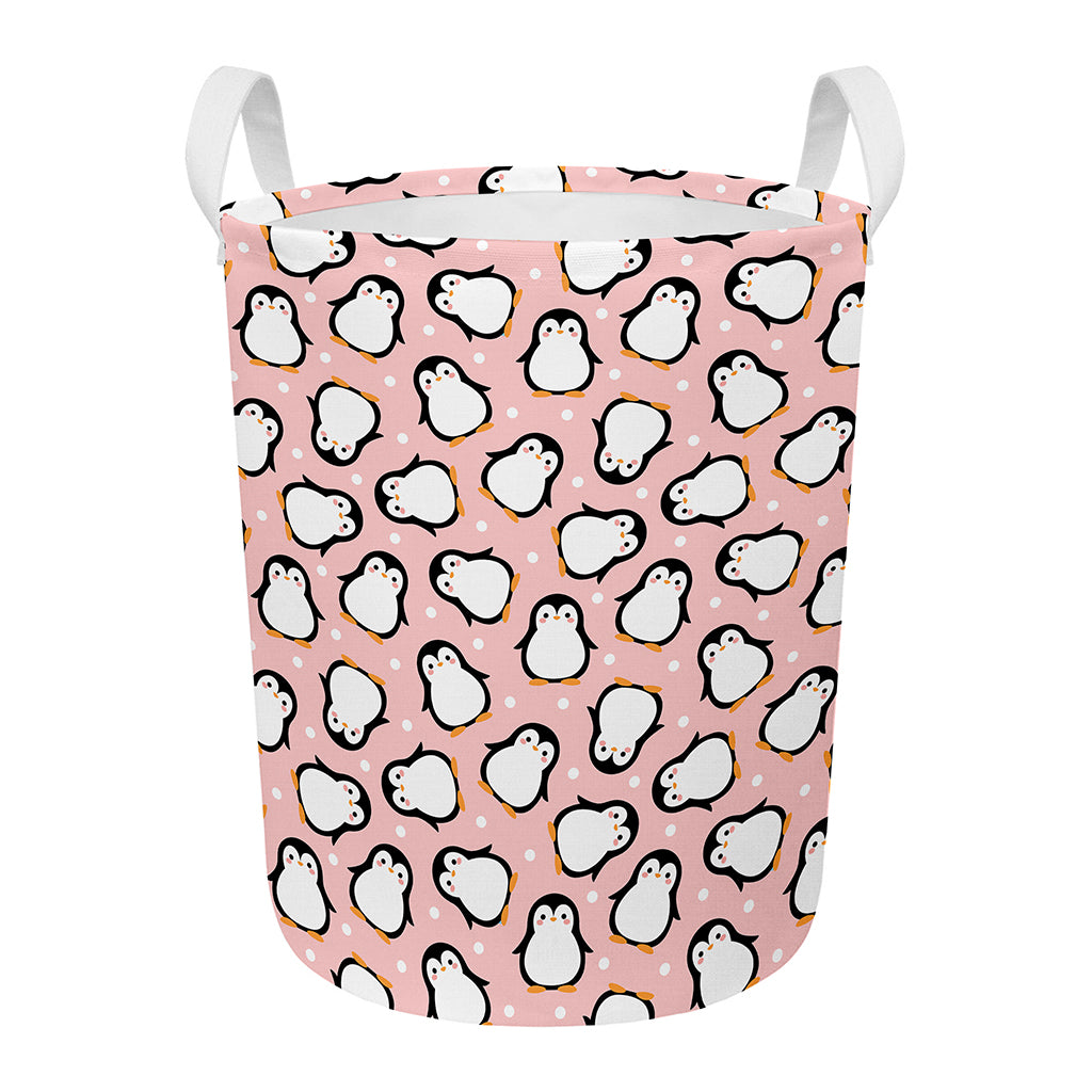 Pink Polka Dot Penguin Pattern Print Round Laundry Basket