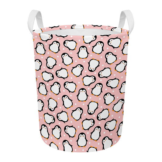 Pink Polka Dot Penguin Pattern Print Round Laundry Basket