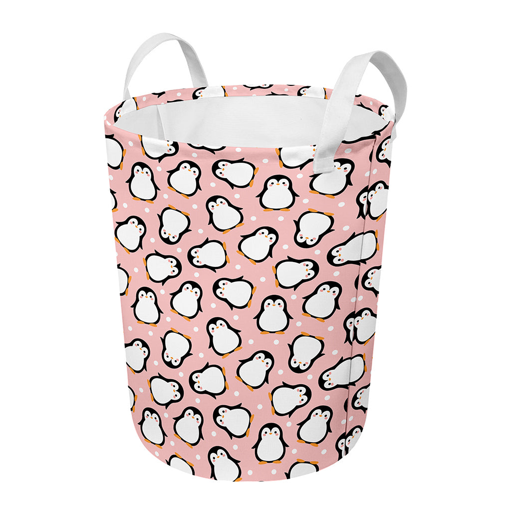 Pink Polka Dot Penguin Pattern Print Round Laundry Basket