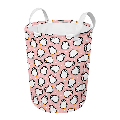 Pink Polka Dot Penguin Pattern Print Round Laundry Basket