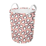 Pink Polka Dot Penguin Pattern Print Round Laundry Basket