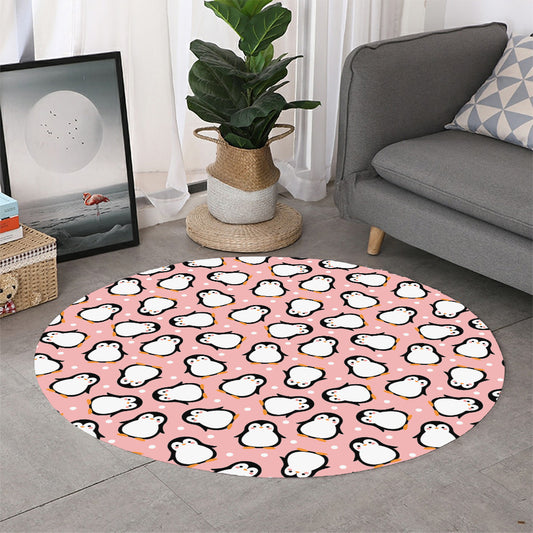 Pink Polka Dot Penguin Pattern Print Round Rug