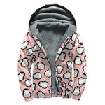 Pink Polka Dot Penguin Pattern Print Sherpa Lined Zip Up Hoodie