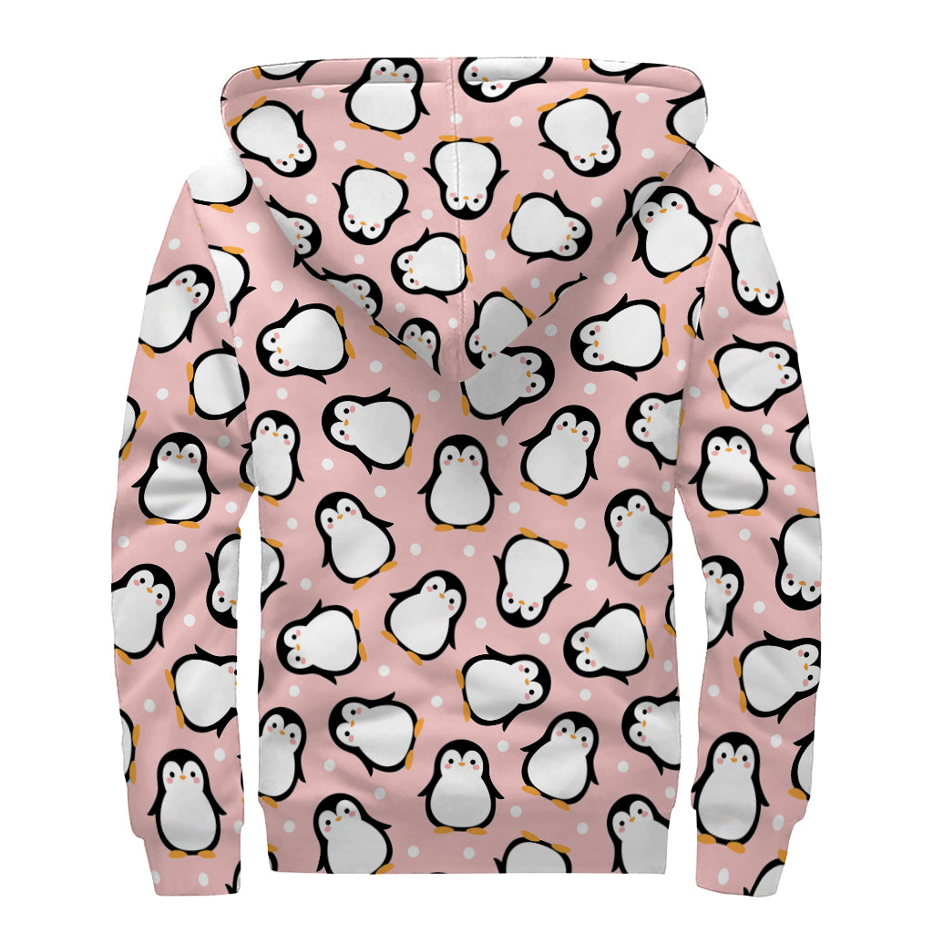 Pink Polka Dot Penguin Pattern Print Sherpa Lined Zip Up Hoodie